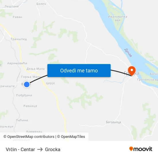 Vrčin - Centar to Grocka map