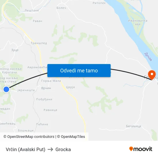 Vrčin (Avalski Put) to Grocka map