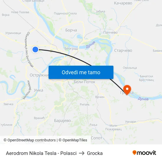 Aerodrom Nikola Tesla - Polasci to Grocka map