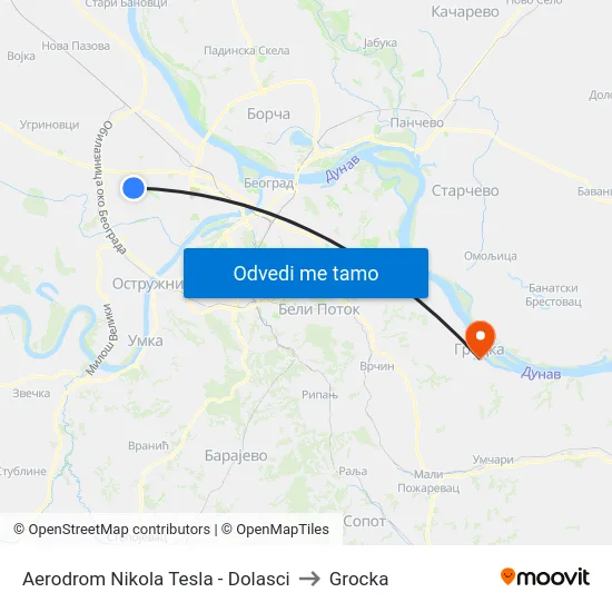Aerodrom Nikola Tesla - Dolasci to Grocka map
