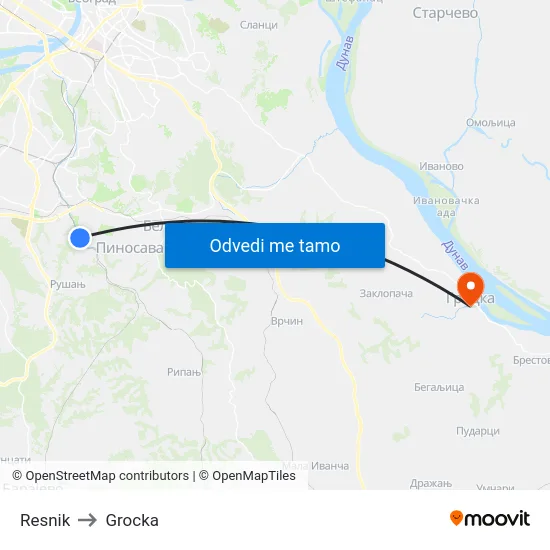 Resnik to Grocka map