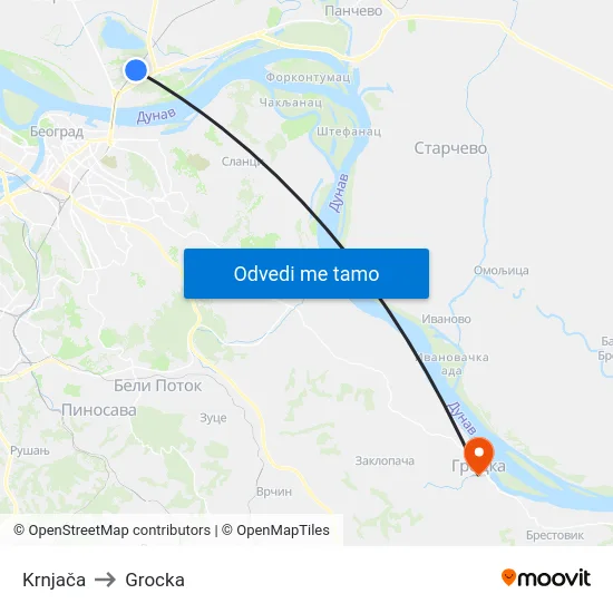 Krnjača to Grocka map