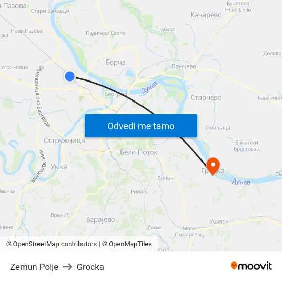 Zemun Polje to Grocka map