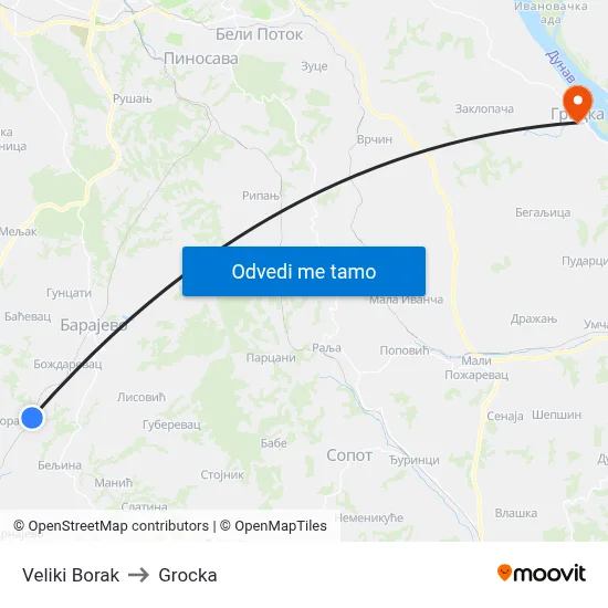 Veliki Borak to Grocka map