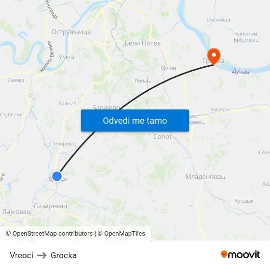 Vreoci to Grocka map