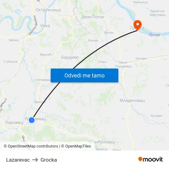 Lazarevac to Grocka map