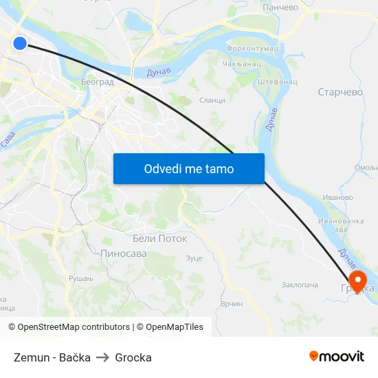 Zemun - Bačka to Grocka map