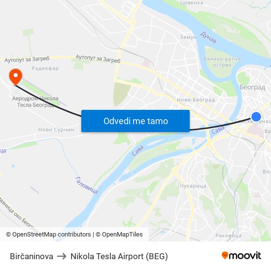 Birčaninova to Nikola Tesla Airport (BEG) map