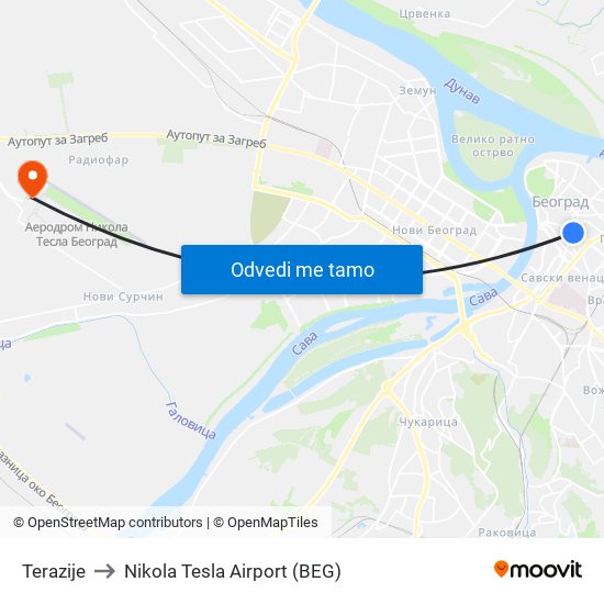 Terazije to Nikola Tesla Airport (BEG) map