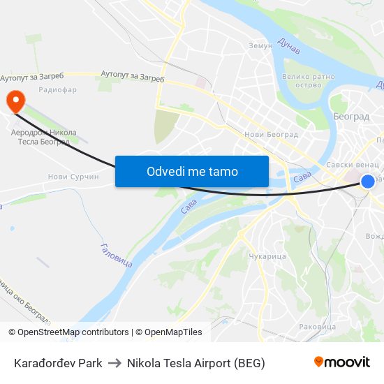 Karađorđev Park to Nikola Tesla Airport (BEG) map