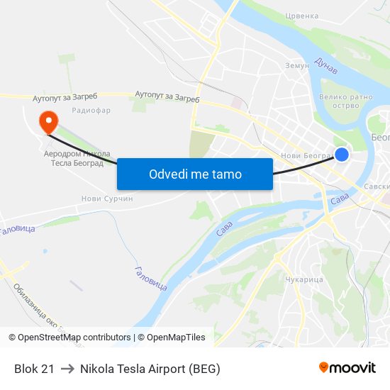 Blok 21 to Nikola Tesla Airport (BEG) map