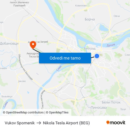 Vukov Spomenik to Nikola Tesla Airport (BEG) map