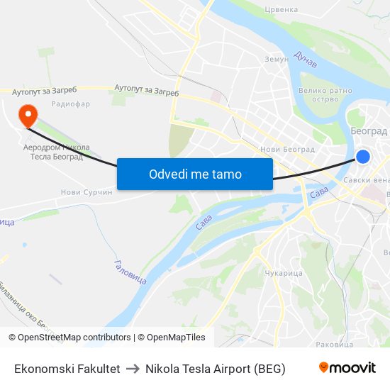 Ekonomski Fakultet to Nikola Tesla Airport (BEG) map