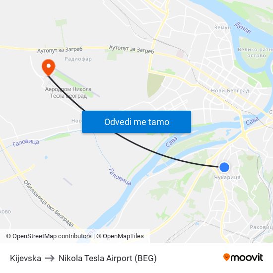 Kijevska to Nikola Tesla Airport (BEG) map