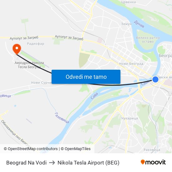 Beograd Na Vodi to Nikola Tesla Airport (BEG) map