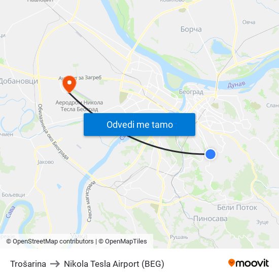 Trošarina to Nikola Tesla Airport (BEG) map