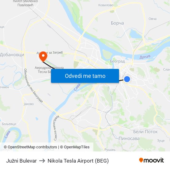 Južni Bulevar to Nikola Tesla Airport (BEG) map