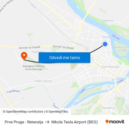 Prve Pruge - Retenzija to Nikola Tesla Airport (BEG) map