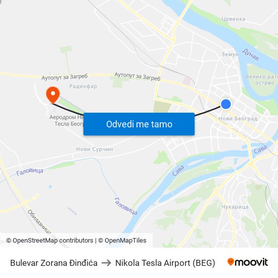 Bulevar Zorana Đinđića to Nikola Tesla Airport (BEG) map