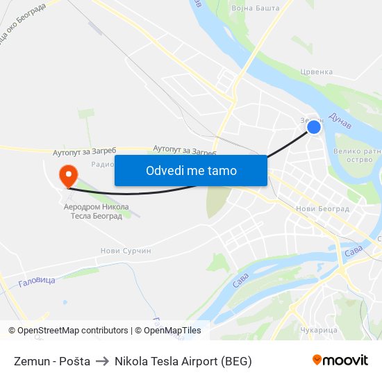 Zemun - Pošta to Nikola Tesla Airport (BEG) map