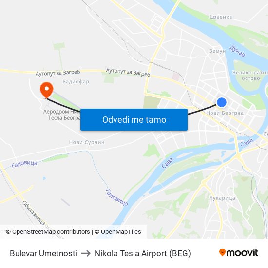 Bulevar Umetnosti to Nikola Tesla Airport (BEG) map