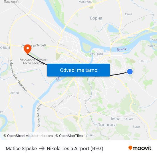 Matice Srpske to Nikola Tesla Airport (BEG) map