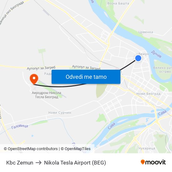 Kbc Zemun to Nikola Tesla Airport (BEG) map