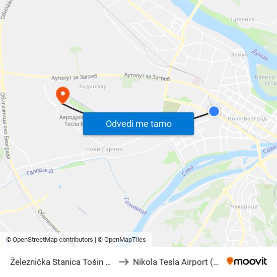 Železnička Stanica Tošin Bunar to Nikola Tesla Airport (BEG) map