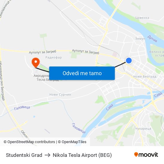 Studentski Grad to Nikola Tesla Airport (BEG) map