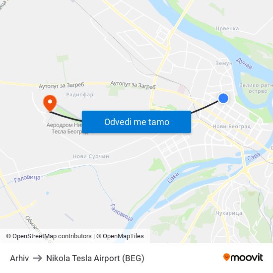 Arhiv to Nikola Tesla Airport (BEG) map