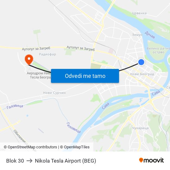 Blok 30 to Nikola Tesla Airport (BEG) map