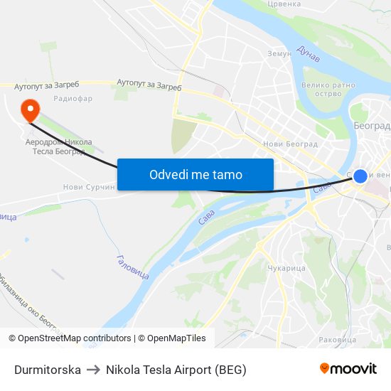 Durmitorska to Nikola Tesla Airport (BEG) map