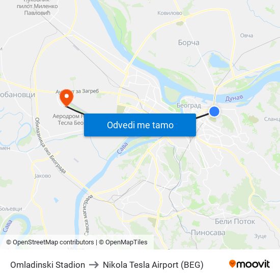 Omladinski Stadion to Nikola Tesla Airport (BEG) map