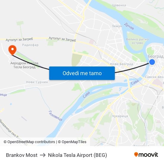 Brankov Most to Nikola Tesla Airport (BEG) map