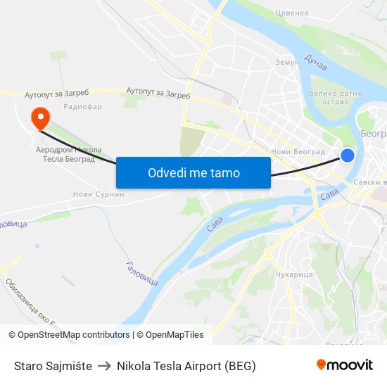 Staro Sajmište to Nikola Tesla Airport (BEG) map