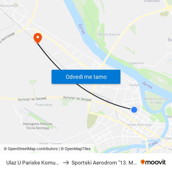 Ulaz U Pariske Komune to Sportski Aerodrom "13. Maj" map