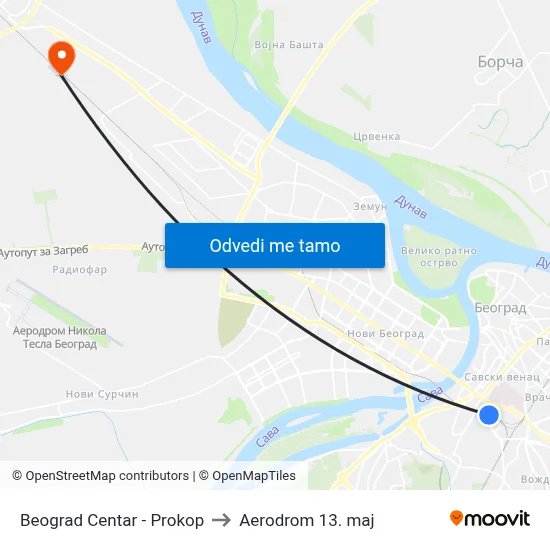 Beograd Centar - Prokop to Aerodrom 13. maj map