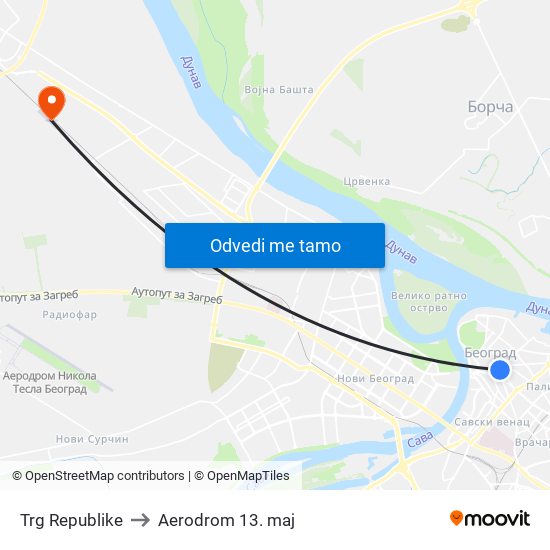 Trg Republike to Aerodrom 13. maj map