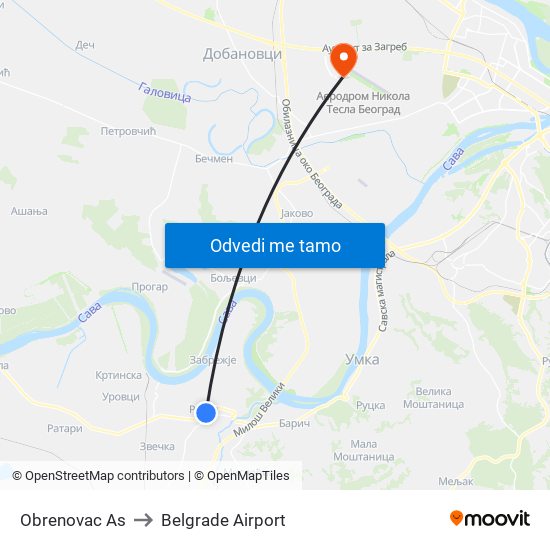 Obrenovac Аs to Belgrade Airport map