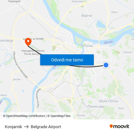 Konjarnik to Belgrade Airport map