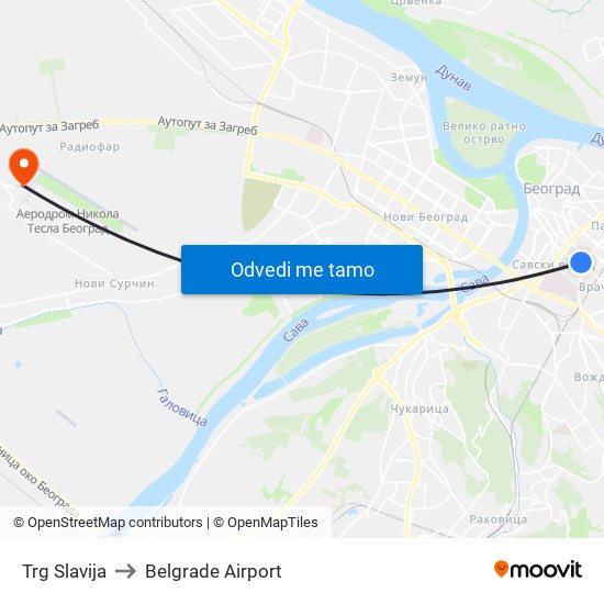 Trg Slavija to Belgrade Airport map