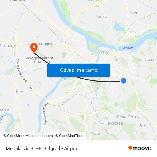 Medaković 3 to Belgrade Airport map