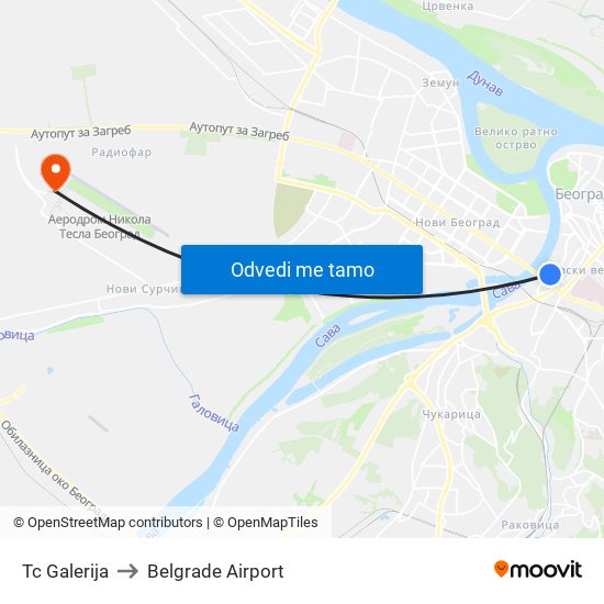Tc Galerija to Belgrade Airport map