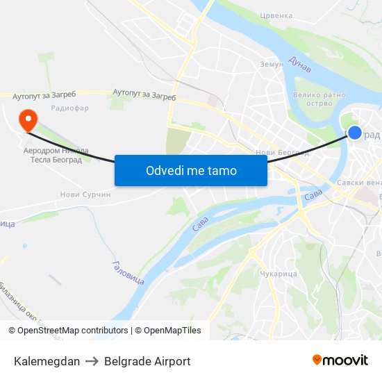 Kalemegdan to Belgrade Airport map