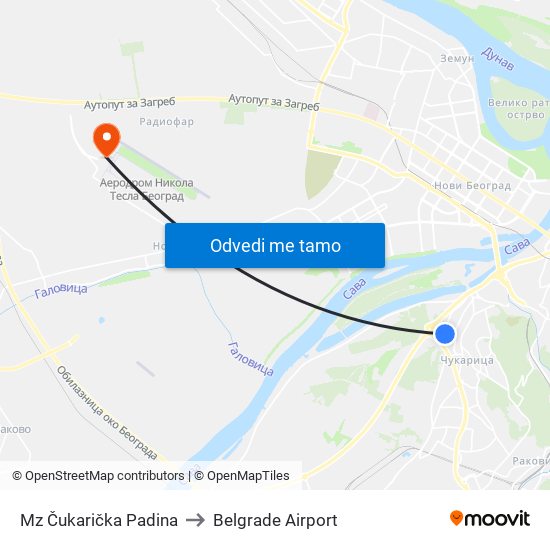 Mz Čukarička Padina to Belgrade Airport map