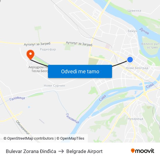 Bulevar Zorana Đinđića to Belgrade Airport map