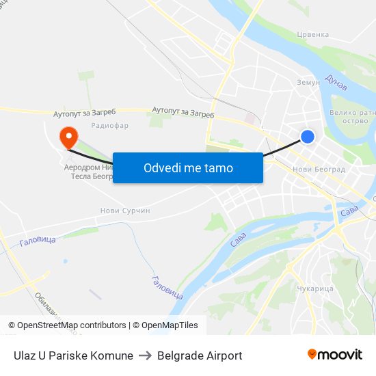 Ulaz U Pariske Komune to Belgrade Airport map