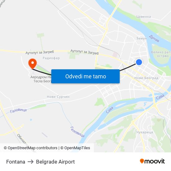 Fontana to Belgrade Airport map