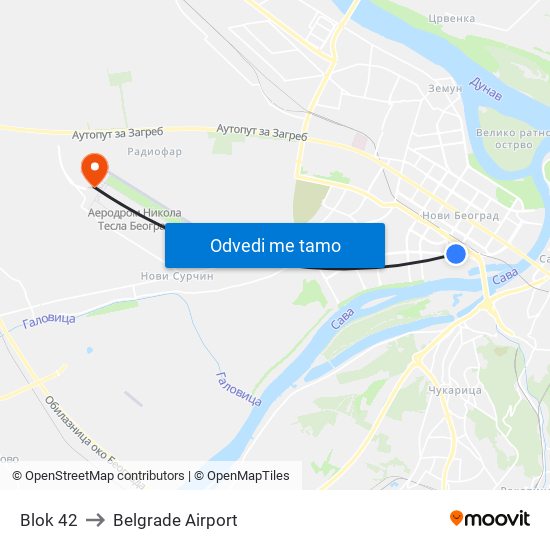 Blok 42 to Belgrade Airport map