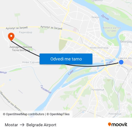 Mostar to Belgrade Airport map